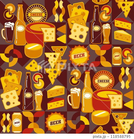 Seamless pattern with icons of Cheese, beer, abstract shapes in flat simple geometric style. Dark background. For branding, decoration of food packaging, textile kitchen prints 118588795