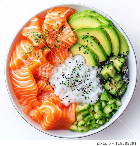 Fresh salmon and avocado sushi bowl with rice and cucumbers on a white background 118588891