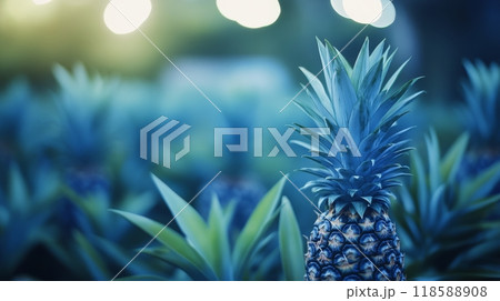 Fresh pineapples growing abundantly in a tropical garden under natural sunlight 118588908