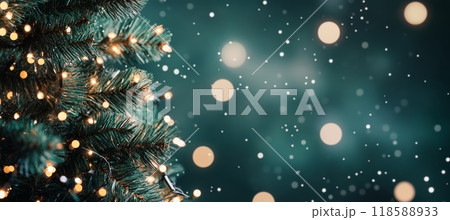 A beautifully decorated Christmas tree with twinkling lights and a soft green background 118588933
