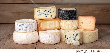 Assorted cheese varieties displayed on a wooden board with natural lighting 118588935