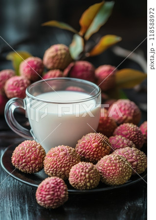 Fresh lychees and a glass of milk on a rustic wooden table in natural light Fresh lychees and a glass of milk on a rustic wooden table in natural light 118588972