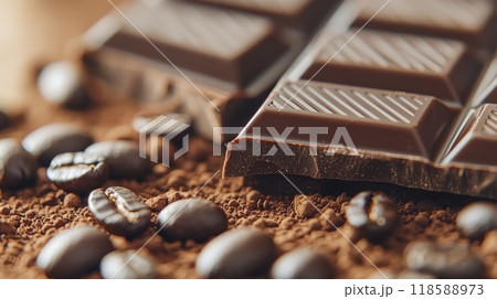 Decadent dark chocolate pieces with coffee beans and cocoa sprinkled on a rustic table 118588973