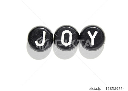 Black circular objects spelling joy on white background for positive emotional 118589234