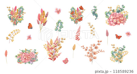 Dried lagurus, eucalyptus branches, field plants, hydrangea flowers and flying orange butterflies watercolor realistic compositions. Festive floral bouquets for wedding stationary design, invitation 118589236