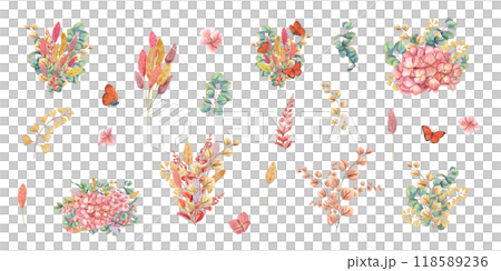 Dried lagurus, eucalyptus branches, field plants, hydrangea flowers and flying orange butterflies watercolor realistic compositions. Festive floral bouquets for wedding stationary design, invitation 118589236