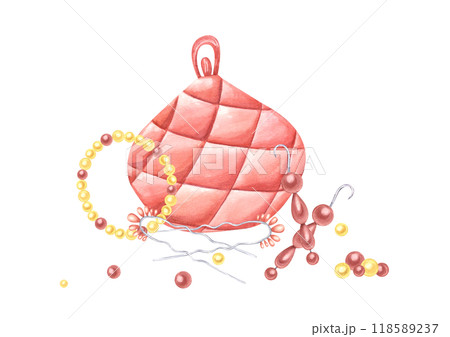 Party female clutch, dangle earrings, necklace, hairpins and pearl beans watercolor illustration. Women jewelry accessory in pink, golden colors. For wedding, festive decor, greeting card. Party female clutch, dangle earrings, necklace, hairpins and pearl beans watercolor illustration. Women jewelry accessory in pink, golden colors. For wedding, festive decor, greeting card. 118589237
