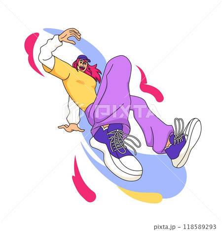 Jumping young character. Happy girl bouncing. Excited woman flying pose. Free flight. Falling motion. Floating dynamic body position. Freestyle dancing. Active movement. Vector joyful trendy person Jumping young character. Happy girl bouncing. Excited woman flying pose. Free flight. Falling motion. Floating dynamic body position. Freestyle dancing. Active movement. Vector joyful trendy person 118589293