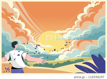 Dream clouds. Scenic landscape. Man looking at nature scenery. Sunset cloudscape. Summer hill meadows. Guy back view. Person watching to horizon. Outdoor walk. Wind blowing leaves. Vector illustration 118589297