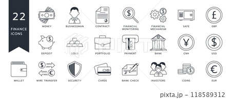 Finance trade icon. Capital stock. Allocation bond. Money donation. Economy exchange. Financial management risk. Business profit sign. Bank loan. Currency payment. Budget fund. Vector pictograms set Finance trade icon. Capital stock. Allocation bond. Money donation. Economy exchange. Financial management risk. Business profit sign. Bank loan. Currency payment. Budget fund. Vector pictograms set 118589312