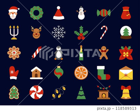 Xmas icon. Winter holiday. New Year 2025 elements. Fir tree. Christmas gift. Ornament decoration. Santa hat. Geometric snowflake. Fireplace sock. Modern minimal graphic. Vector tidy color symbols set Xmas icon. Winter holiday. New Year 2025 elements. Fir tree. Christmas gift. Ornament decoration. Santa hat. Geometric snowflake. Fireplace sock. Modern minimal graphic. Vector tidy color symbols set 118589313