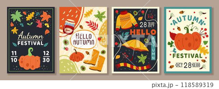 Autumn background. Thanksgiving holiday poster. Orange pumpkin. Fall leaves. Autumnal festival card. Botanical pattern. Harvest squash. Seasonal sweater. Rain umbrella. Vector tidy party flyers set Autumn background. Thanksgiving holiday poster. Orange pumpkin. Fall leaves. Autumnal festival card. Botanical pattern. Harvest squash. Seasonal sweater. Rain umbrella. Vector tidy party flyers set 118589319