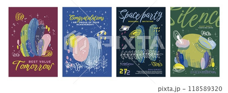 Abstract modern poster. Space party invitation. Texture design background. Art pattern. Flower element. Floral brushstroke shape. Paint Memphis graphic. Doodle drawing. Vector banner templates set 118589320