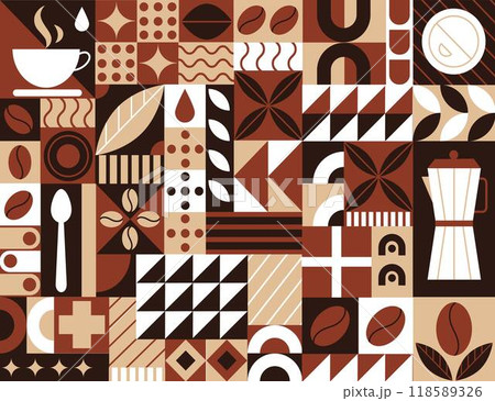Coffee pattern, geometric background, icon bean. Illustration element abstract, Bauhaus concept cafe decoration. Cacao shape, graphic restaurant for poster and banner. Menu cover. Vector tidy design 118589326