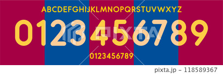 Colorful barca typography, rounded numbers and letters, bold friendly font for kid branding, sports branding, jersey numbers, team merchandise. Vector typeset 118589367