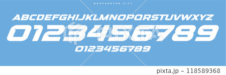 Dynamic italic automotive font, sleek bold numbers and letters for sports branding, racing designs. Streamlined lines emphasize speed, energy, and movement. Vector typeset 118589368