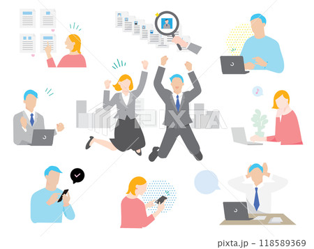 就活ースタートアップー成功ー就職ースマホやパソコンで仕事を探す男女ーベクターシンプルイラストセット 就活ースタートアップー成功ー就職ースマホやパソコンで仕事を探す男女ーベクターシンプルイラストセット 118589369