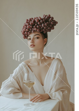 Beautiful girl with grape hairstyle, glass of wine, publicity photo, futurism 118589436