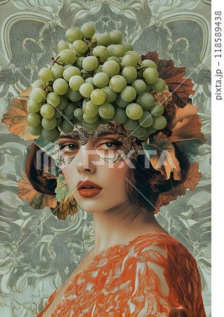Girl with grapes on her head, hairstyle, wreath. Creative modern art. A bunch of grapes 118589438
