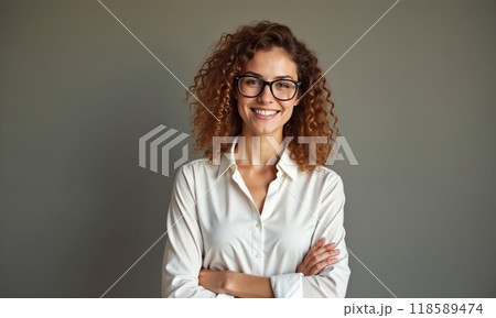 A Smiling Professional Woman Dressed in Casual Attire, Radiating Confidence and Charm A Smiling Professional Woman Dressed in Casual Attire, Radiating Confidence and Charm 118589474