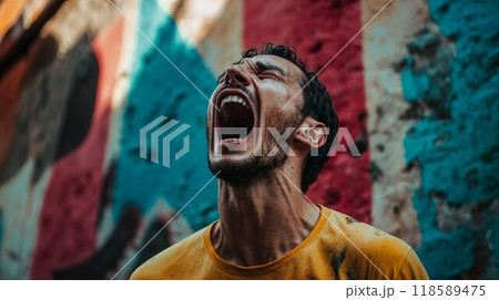 A man in a yellow shirt screams in front of a colorful wall 118589475