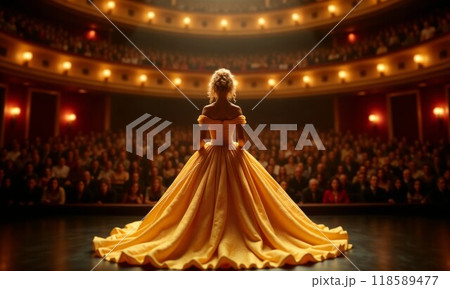 A Graceful and Enchanting Performance in a Stunning Golden Gown on Stage During Show 118589477