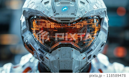 Close up of a futuristic soldier with a helmet and protective goggles Close up of a futuristic soldier with a helmet and protective goggles 118589478