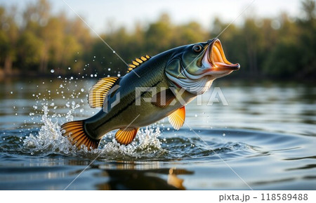 A large fish is leaping high out of the water with its mouth wide open A large fish is leaping high out of the water with its mouth wide open 118589488