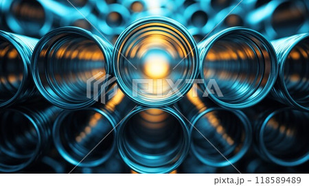 A closeup view of neatly stacked metal pipes arranged together A closeup view of neatly stacked metal pipes arranged together 118589489