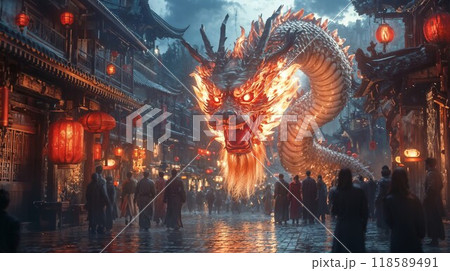 Experience the Majestic Fire Dragon soaring gracefully in the Enchanted Chinese Marketplace 118589491