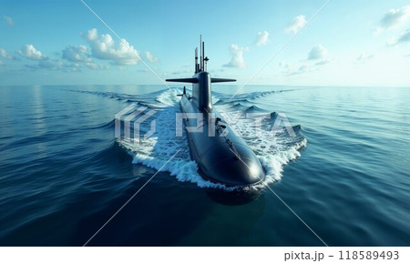 A submarine is currently floating on the surface of a large body of water 118589493