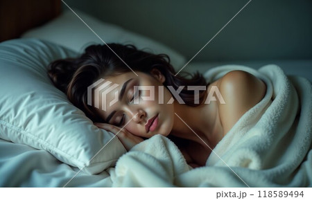 A woman is peacefully sleeping on a bed, snugly wrapped in a white blanket 118589494