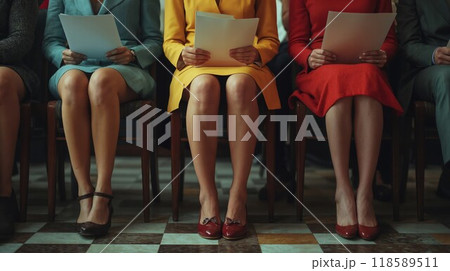 A gathering of women is seated in chairs while holding papers in their hands A gathering of women is seated in chairs while holding papers in their hands 118589511