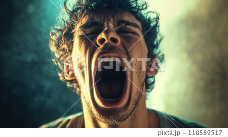 A man is screaming loudly with his mouth wide open in excitement 118589517