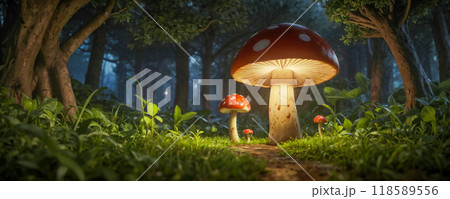 A mushroom with light inside is growing in a forest 118589556