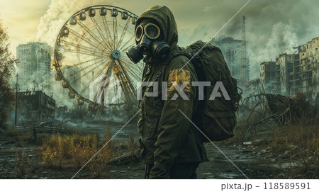 A man in a gas mask stands before a large ferris wheel 118589591