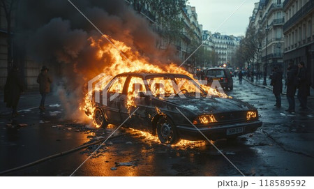 One day, a car catches fire in the city Paris One day, a car catches fire in the city Paris 118589592