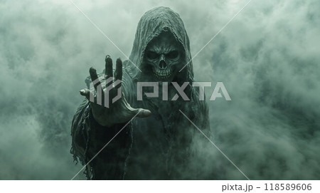 A figure resembling a grim reaper death, wearing a hood and having a skull for a face 118589606