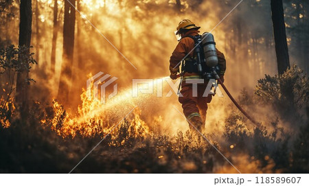 A dedicated fireman is diligently spraying water on a raging forest fire 118589607