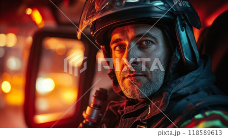 A fireman with a helmet and beard is sitting in a fire truck 118589613