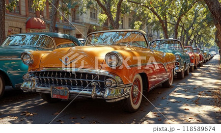 A Collection of Colorful Vintage Cars Parked on a Vibrant Street in Havana, Cuba 118589674