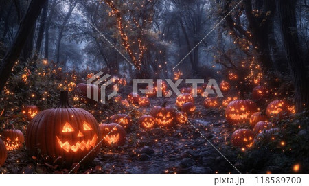 A large collection of pumpkins is illuminated in a dark forest area 118589700