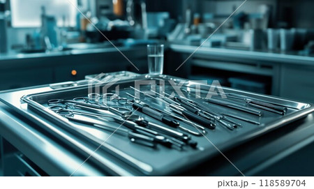 A tray of surgical instruments with a water glass behind it 118589704