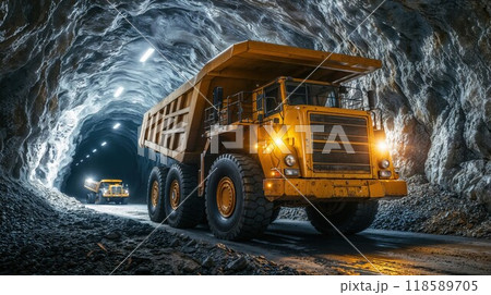 A large and powerful dump truck is steadily driving down a dirt road 118589705