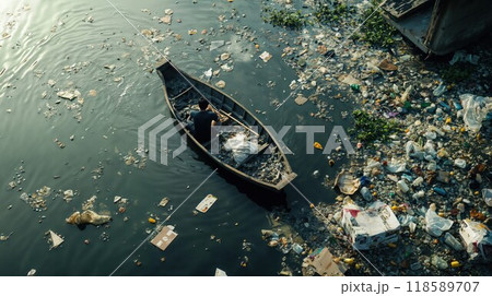 An aerial view captures a boat floating on a polluted river 118589707