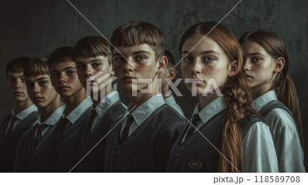 A group of young people stands in a row, looking at the camera 118589708