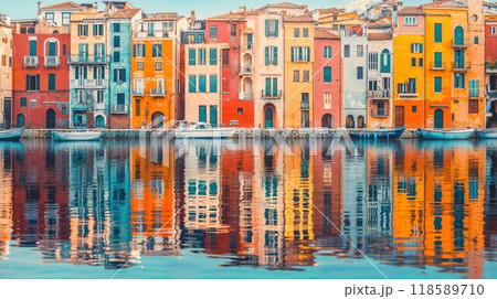 Colorful buildings reflect beautifully in the calm water 118589710