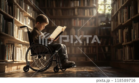 In a quiet library, a young boy in a wheelchair reads a fascinating book In a quiet library, a young boy in a wheelchair reads a fascinating book 118589716