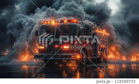 A large fire truck is completely surrounded by flames and thick smoke 118589733