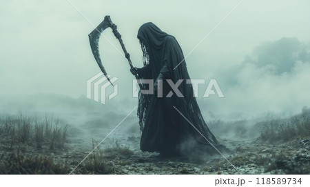 A grim reaper holds a large scythe in a foggy, mysterious field 118589734